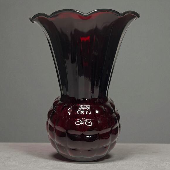Vintage Anchor Hocking Ruby Red Pineapple Vase 9" Fluted Scalloped Art Glass - Picture 10 of 14